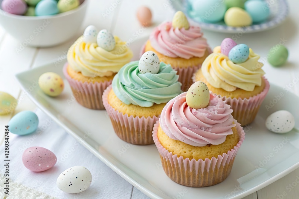 Colorful Easter cupcakes with frosting and candy eggs. Holiday dessert concept Colorful Easter cupcakes with frosting and candy eggs. Holiday dessert concept