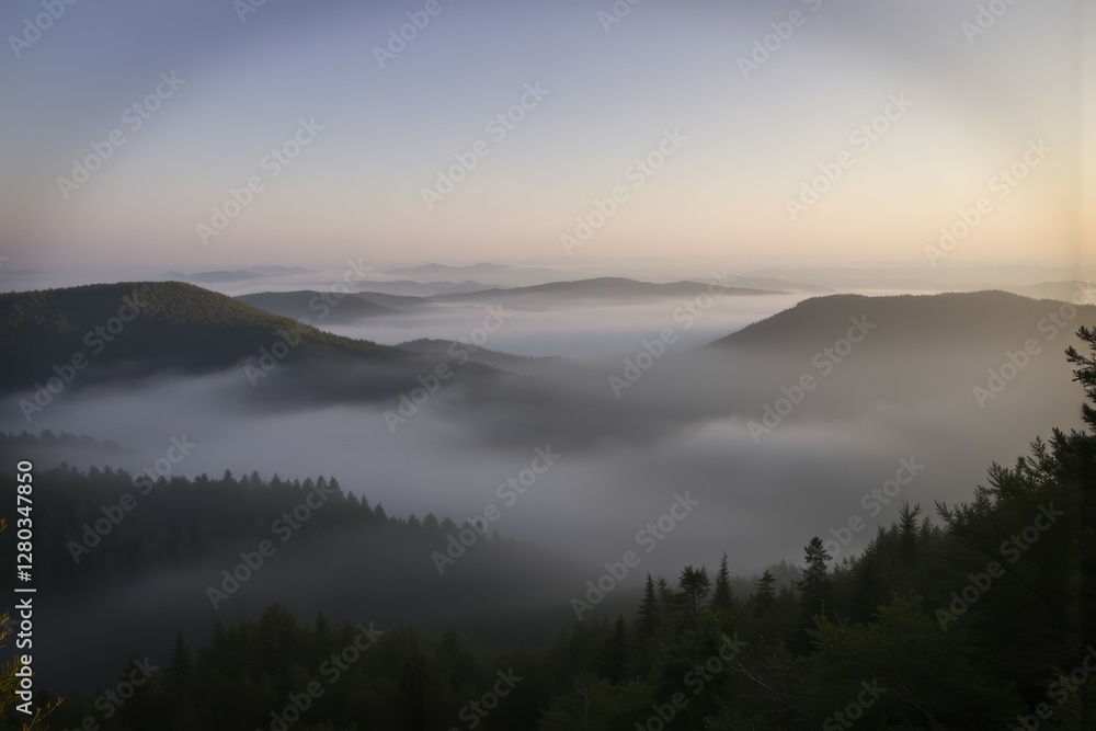 Fototapeta premium Misty Mountain Range Depicts Tranquility in a Serene Early Morning