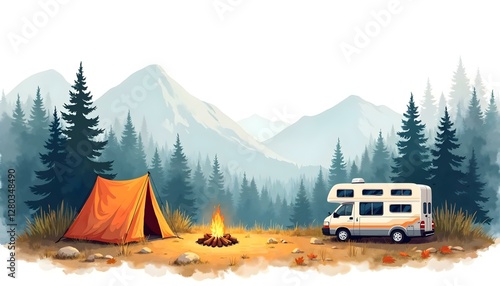 A watercolor illustration of a camper van beside a campfire, with a tent in an autumn landscape, evoking a travel vacation vibe