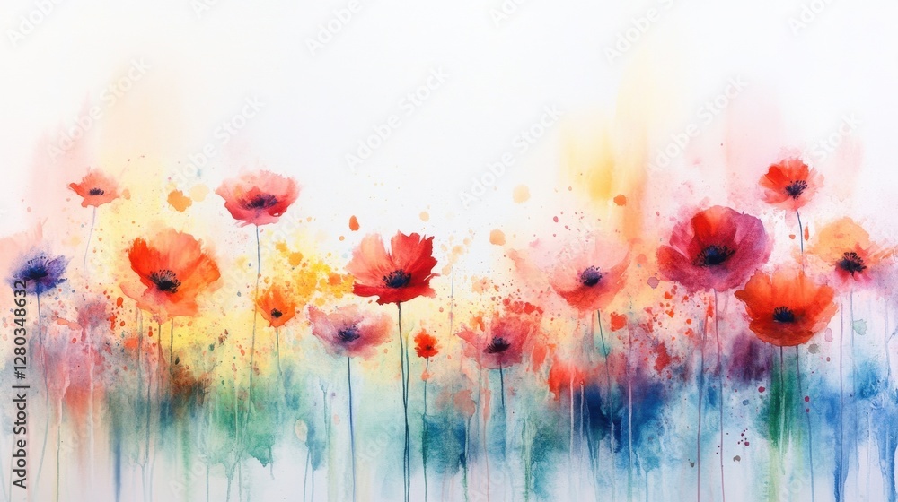 Obraz premium A vibrant watercolor painting featuring a field of colorful flowers blending into a soft, dreamy background.