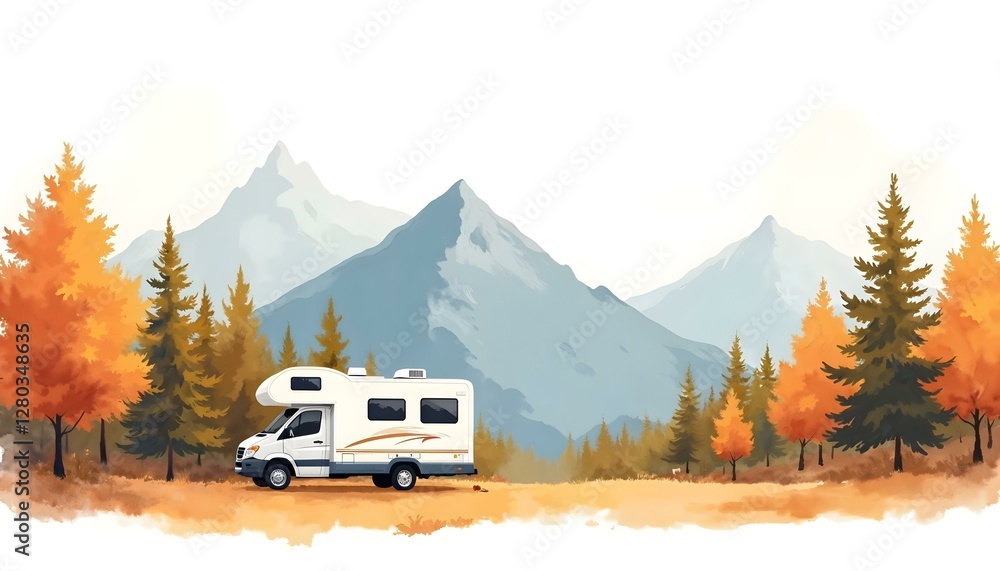 A camper van parked in a serene autumn forest, showcasing vibrant colors in a watercolor style A camper van parked in a serene autumn forest, showcasing vibrant colors in a watercolor style