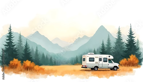 A camper van is stationed in a peaceful autumn forest, highlighting the vivid colors in a watercolor style