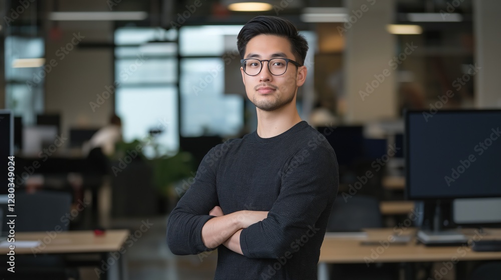 Fototapeta premium Portrait of a young man standing in an office. he is wearing a black long-sleeved shirt and glasses. he has short dark hair and is looking directly at the camera with a serious expression.