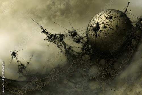 Surreal landscape featuring intricate structures and a large orb amidst a cloudy atmosphere