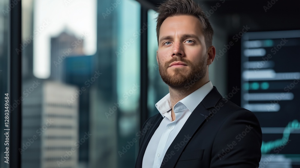 Portrait of a young man in a suit standing in front of a large window with a view of a city skyline in the background. the man is looking off to the side with a serious expression on his face. Portrait of a young man in a suit standing in front of a large window with a view of a city skyline in the background. the man is looking off to the side with a serious expression on his face.