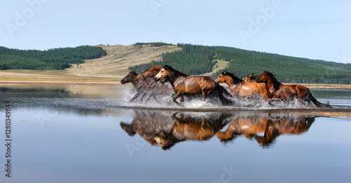 A powerful Mongolian horse portrait, embodying the spirit of Chinggis Khan's legendary steed. Strong, noble, and fearless, set against a dramatic natural backdrop