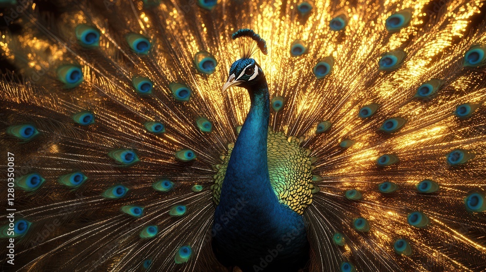Fototapeta premium Majestic Peacock Displaying Colorful Feathers in a Stunning Natural Environment with Golden Light