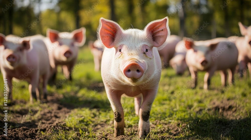 Pink Piglets in a Lush Green Pasture Pink Piglets in a Lush Green Pasture
