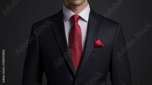 Close-up of a man's torso and upper body. he is wearing a black suit with a white shirt and a red tie. the tie is a solid red color and is tied in a neat knot.