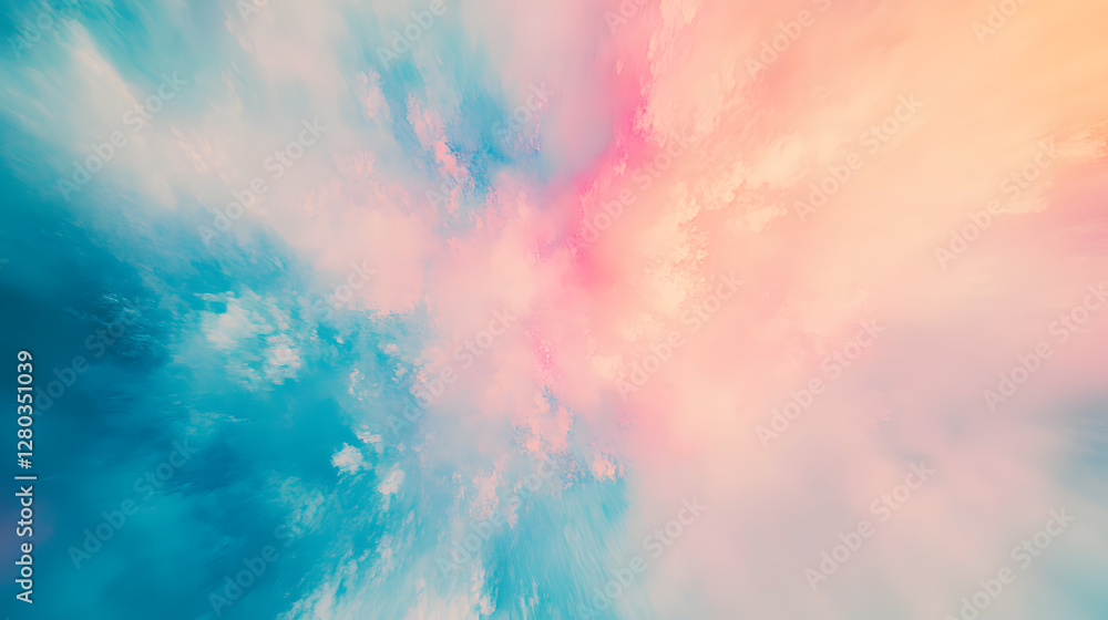 Fototapeta premium Abstract blurred light blue background with white and pink color rays. Watercolor abstract background.