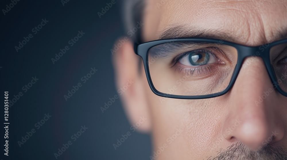 Close-up of a man's face. he is wearing a pair of black-framed glasses with thin frames. the man's eyes are blue and his eyebrows are slightly furrowed. Close-up of a man's face. he is wearing a pair of black-framed glasses with thin frames. the man's eyes are blue and his eyebrows are slightly furrowed.