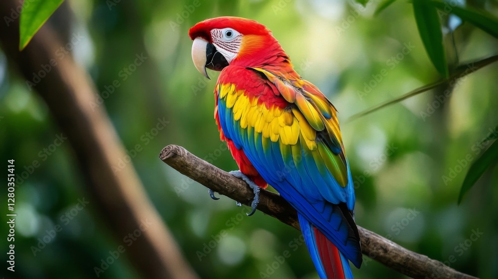 Obraz premium Vibrant Macaw Perched on Branch in Lush Tropical Forest
