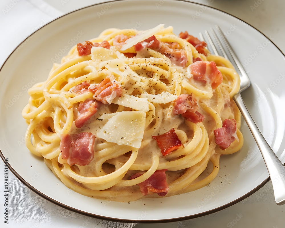 A delicious plate of spaghetti carbonara garnished with cheese, bacon, and black pepper. A delicious plate of spaghetti carbonara garnished with cheese, bacon, and black pepper.