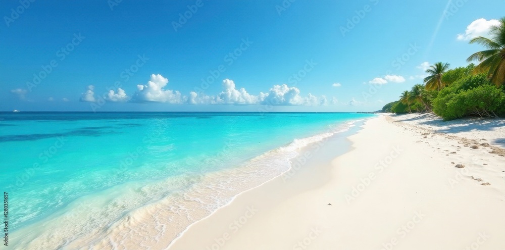 Immaculate white sand stretches along a pristine coastline , beach, white Immaculate white sand stretches along a pristine coastline , beach, white