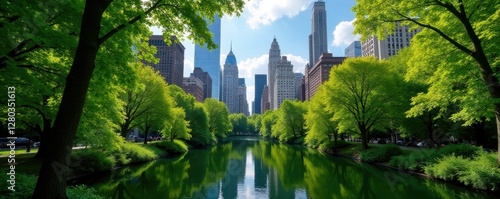 Gramercy Park's tranquil greenery contrasts sharply with towering Midtown skyscrapers , city, cityscape