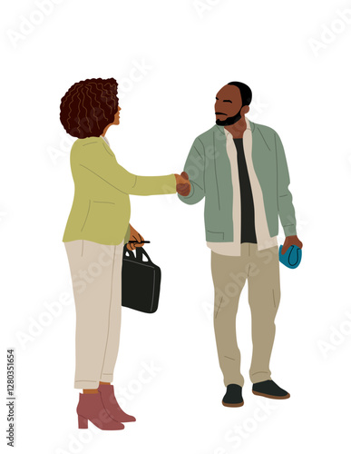 Black Business man and woman shaking hands. Meeting of african american business people. Office workers in smart casual outfit. Vector flat colorful illustration isolated