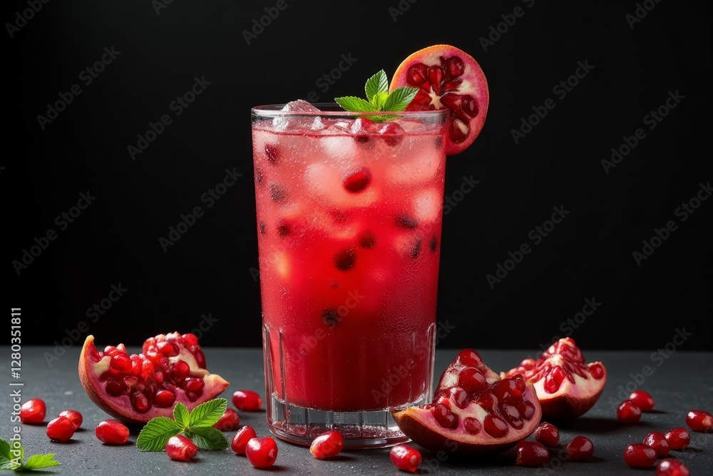 A refreshing pomegranate drink with ice and fresh fruit A refreshing pomegranate drink with ice and fresh fruit