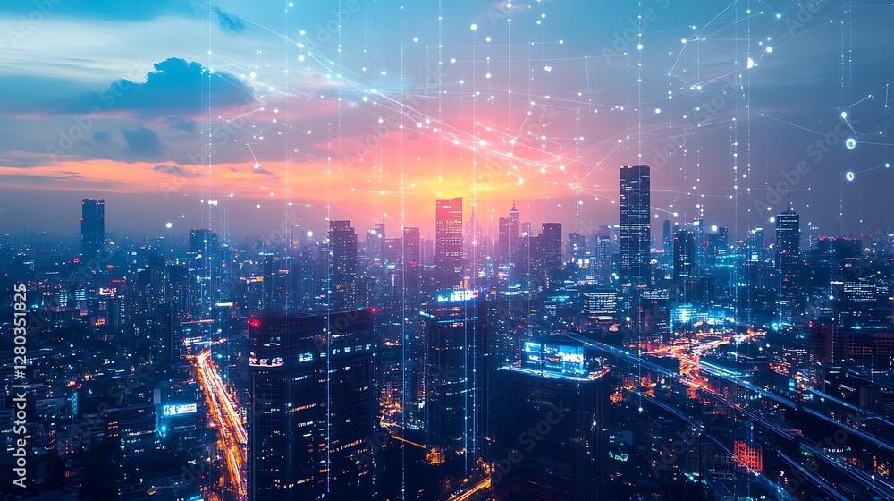 Fototapeta premium Connected Cityscape: A Nighttime Metropolis Illuminated by Technology