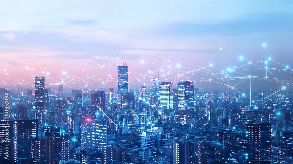 Fototapeta premium Smart City: A Networked Metropolis at Twilight