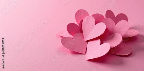 Pile of folded paper hearts on a pink surface, sweet, romantic