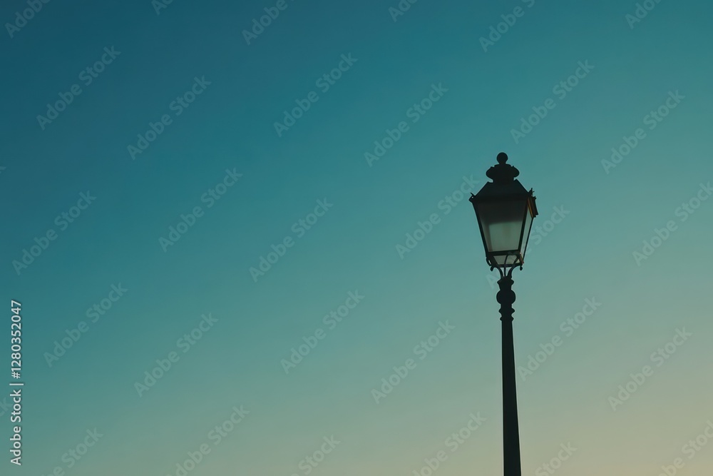 A silhouette of a curved lamp post against a background of a cloudless blue evening sky. A silhouette of a curved lamp post against a background of a cloudless blue evening sky.