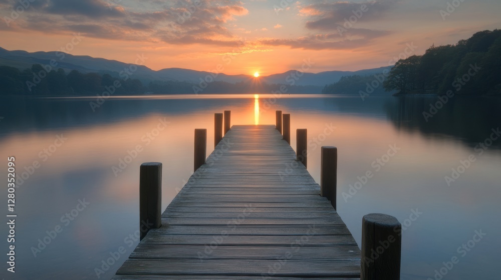 Serene Sunset over Lake and Mountains: A Wooden Pier Beckons Serene Sunset over Lake and Mountains: A Wooden Pier Beckons