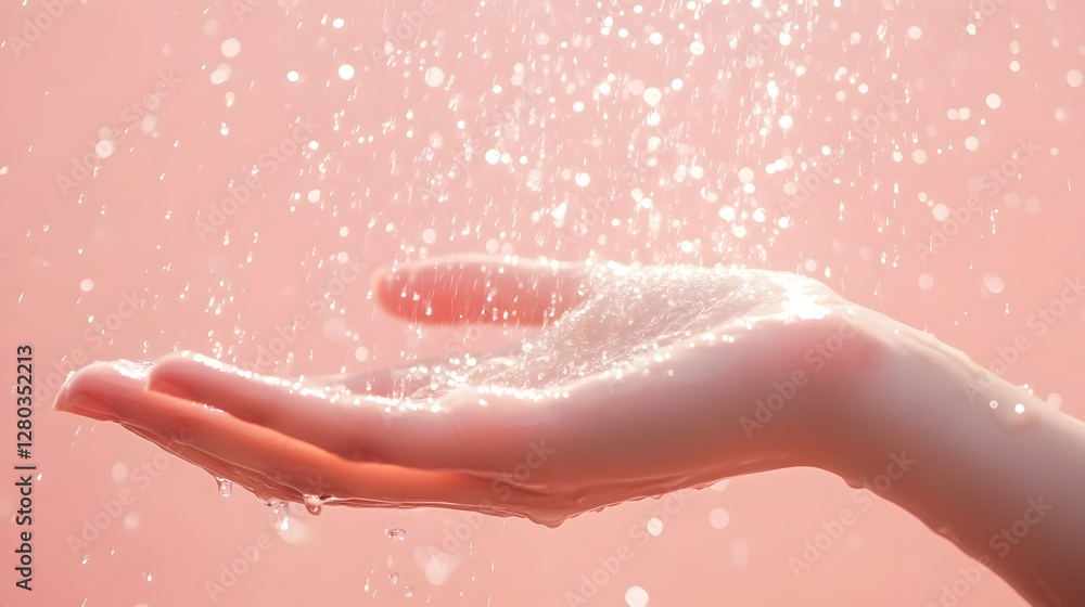 Fototapeta premium Vertical Stainless Steel Water Shower Mist on Pink Background with Natural Lighting