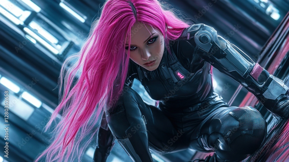 Naklejka premium Futuristic character with pink hair in a high-tech environment, poised for action amidst glowing structures