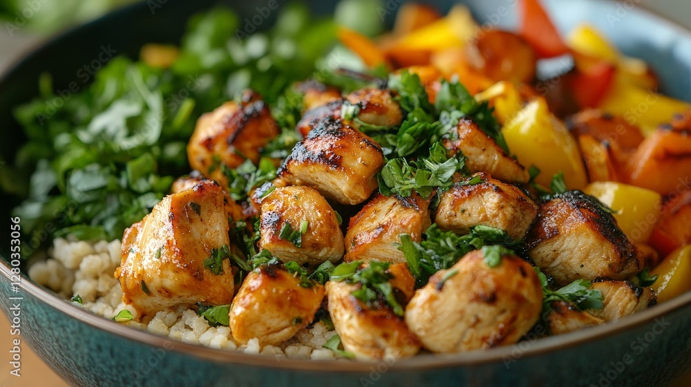 A colorful bowl of grilled chicken, vegetables, and greens served over grains. A colorful bowl of grilled chicken, vegetables, and greens served over grains.