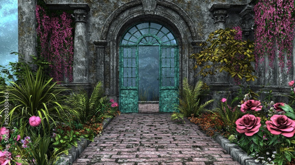 Obraz premium Serene Entrance to an Enchanted Garden with Lush Greenery and Vibrant Flowers Framing a Beautiful Archway
