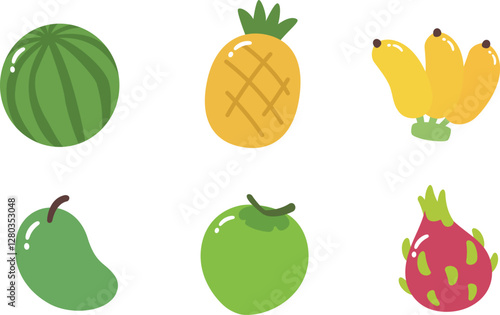 Group of fruits - watermelon, pineapple, banana, mango, coconut, and dragon fruit in cute jelly style.