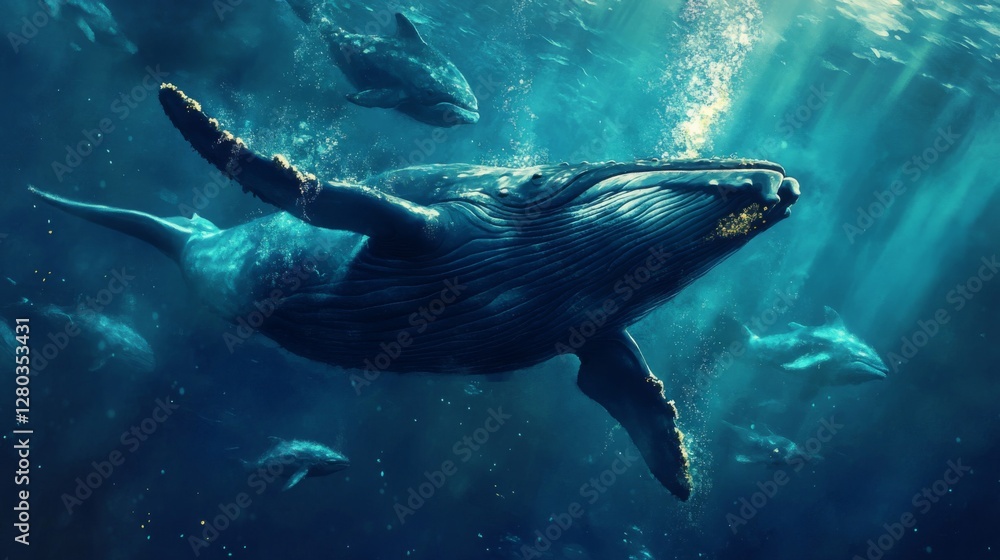 Obraz premium Pixelated Whale Swimming Underwater in a Dark Blue Ocean