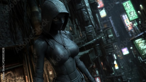 Mysterious figure in a futuristic urban alley, illuminated by neon signs at night