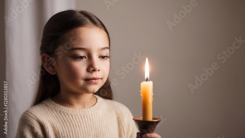 Wallpaper Mural A serene young girl with long eyelashes gazes at a flickering candle, illuminated face, dressed in a cream sweater, set against a soft, neutral backdrop Torontodigital.ca
