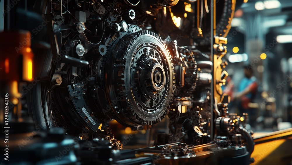 Engine Transmission Close-up in Factory Setting Engine Transmission Close-up in Factory Setting