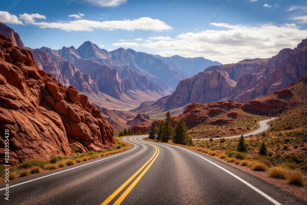 Fototapeta premium A winding road leading through mountains with blue skies above