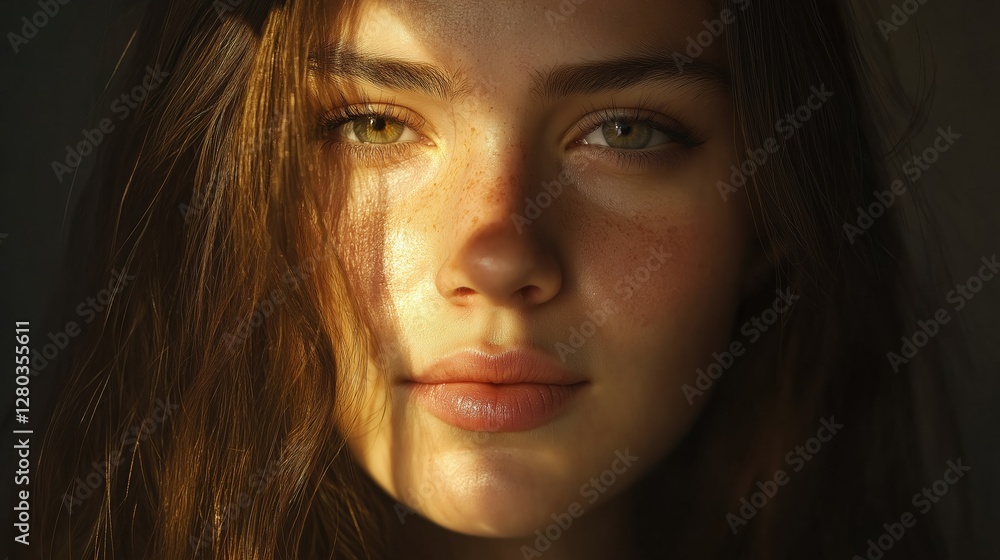 Close-up portrait of a young woman's face. she has long, straight hair that is styled in loose waves and falls over her shoulders. Close-up portrait of a young woman's face. she has long, straight hair that is styled in loose waves and falls over her shoulders.
