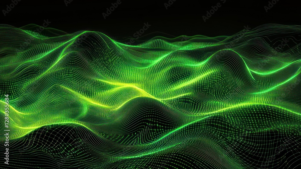 Abstract green wave patterns creating a digital landscape with flowing lines and depth Abstract green wave patterns creating a digital landscape with flowing lines and depth