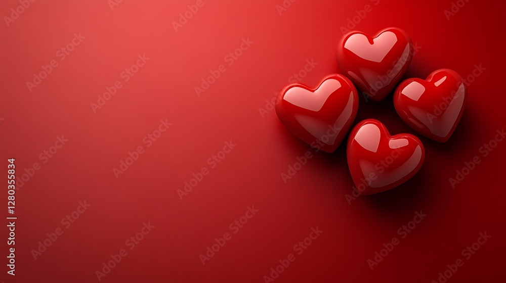 Four glossy red hearts on red background Four glossy red hearts on red background