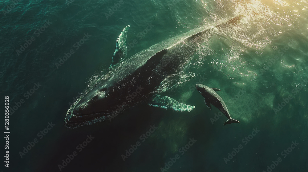 Fototapeta premium A big whale with her baby on ocean, with sunlight filtering through the water 