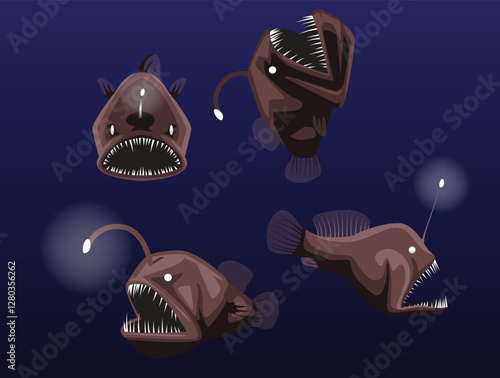 Deep Sea Anglerfish Creepy Cartoon Character Vector Poses