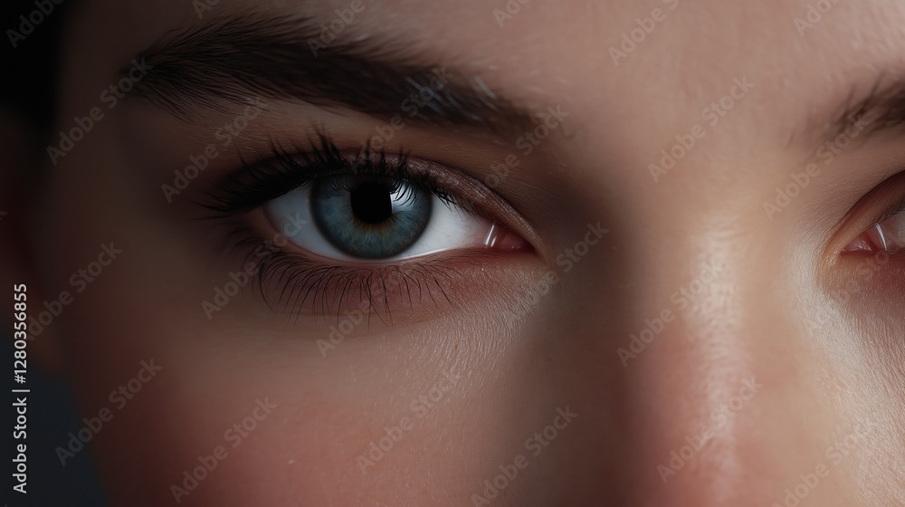 Close-up of a person's eye. the eye is blue and the iris is a beautiful shade of blue. the person's eyelashes are long and full, and they are looking directly at the camera. Close-up of a person's eye. the eye is blue and the iris is a beautiful shade of blue. the person's eyelashes are long and full, and they are looking directly at the camera.