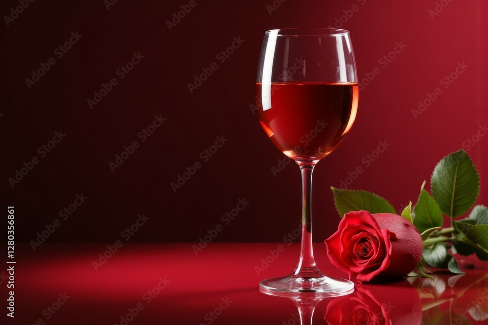 A red rose and wine glass sit on a shiny red surface A red rose and wine glass sit on a shiny red surface