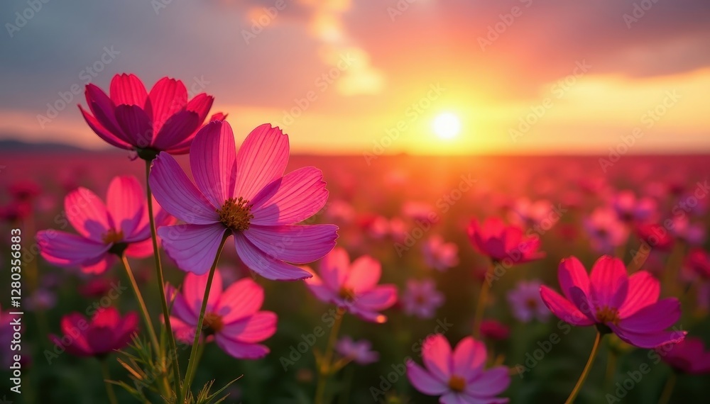 Cosmos flowers sway gently in a vast field at sunset , flower, outdoors, bright Cosmos flowers sway gently in a vast field at sunset , flower, outdoors, bright