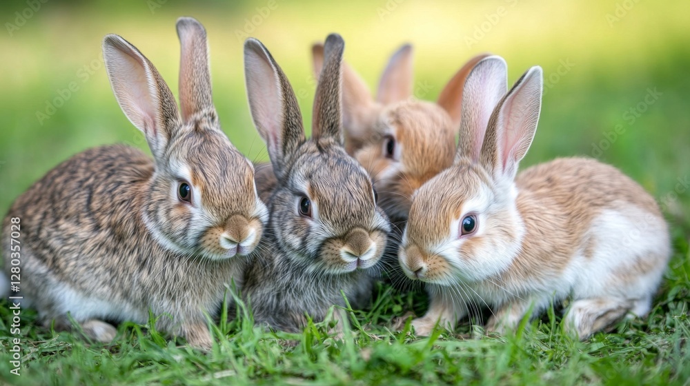 Fototapeta premium Four Adorable Baby Rabbits Huddled Together in Green Grass