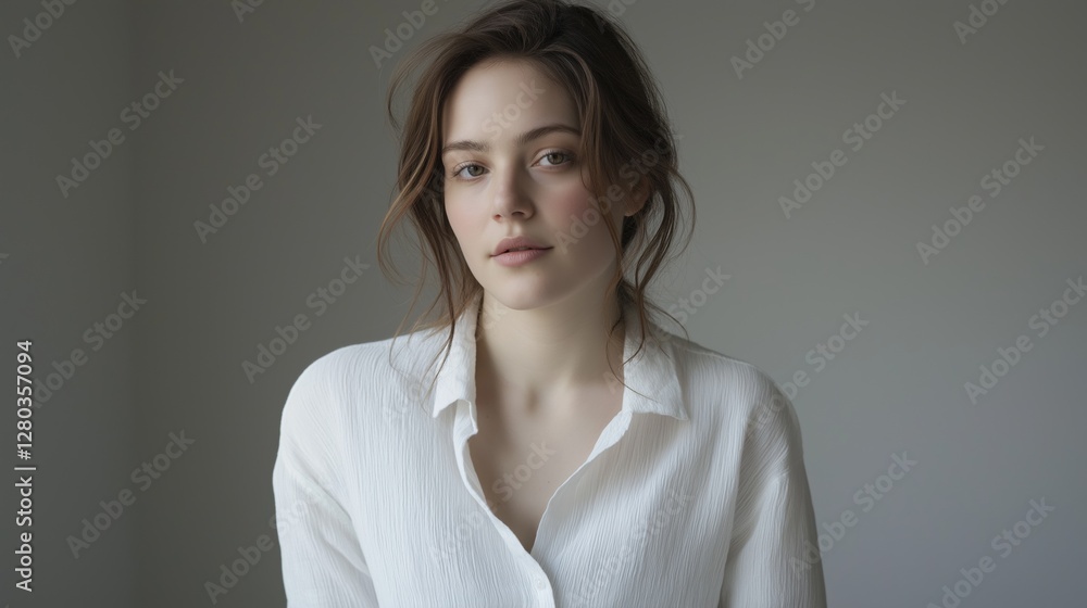 Portrait of a young woman with shoulder-length brunette hair. she is wearing a white blouse with a collar and appears to be in her late twenties or early thirties. Portrait of a young woman with shoulder-length brunette hair. she is wearing a white blouse with a collar and appears to be in her late twenties or early thirties.
