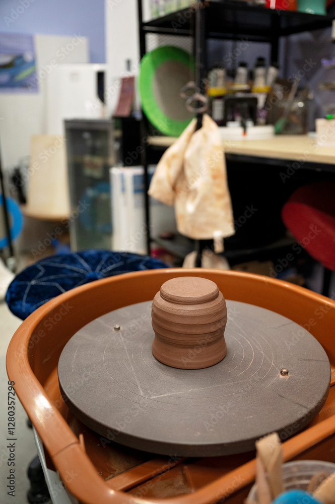 Obraz premium Clay pottery on a spinning wheel in a ceramics studio workspace