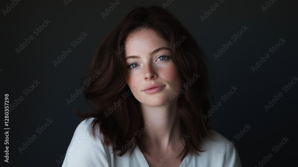 Portrait of a young woman with shoulder-length brunette hair. she is looking directly at the camera with a serious expression on her face. Portrait of a young woman with shoulder-length brunette hair. she is looking directly at the camera with a serious expression on her face.