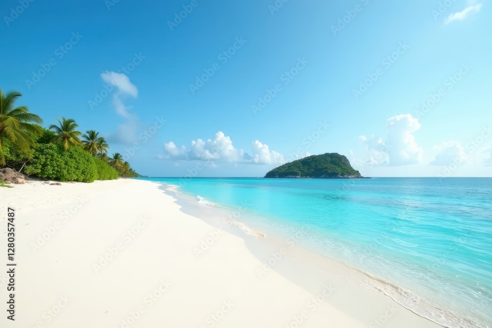 Fine white sand, calm sea, distant green island silhouette, coastal, summer, tropical island Fine white sand, calm sea, distant green island silhouette, coastal, summer, tropical island