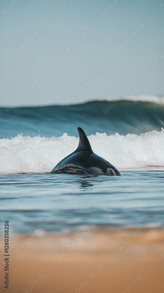 Naklejka premium Oceanic Serenity: Orca's Dorsal Fin Emerging from Coastal Waves